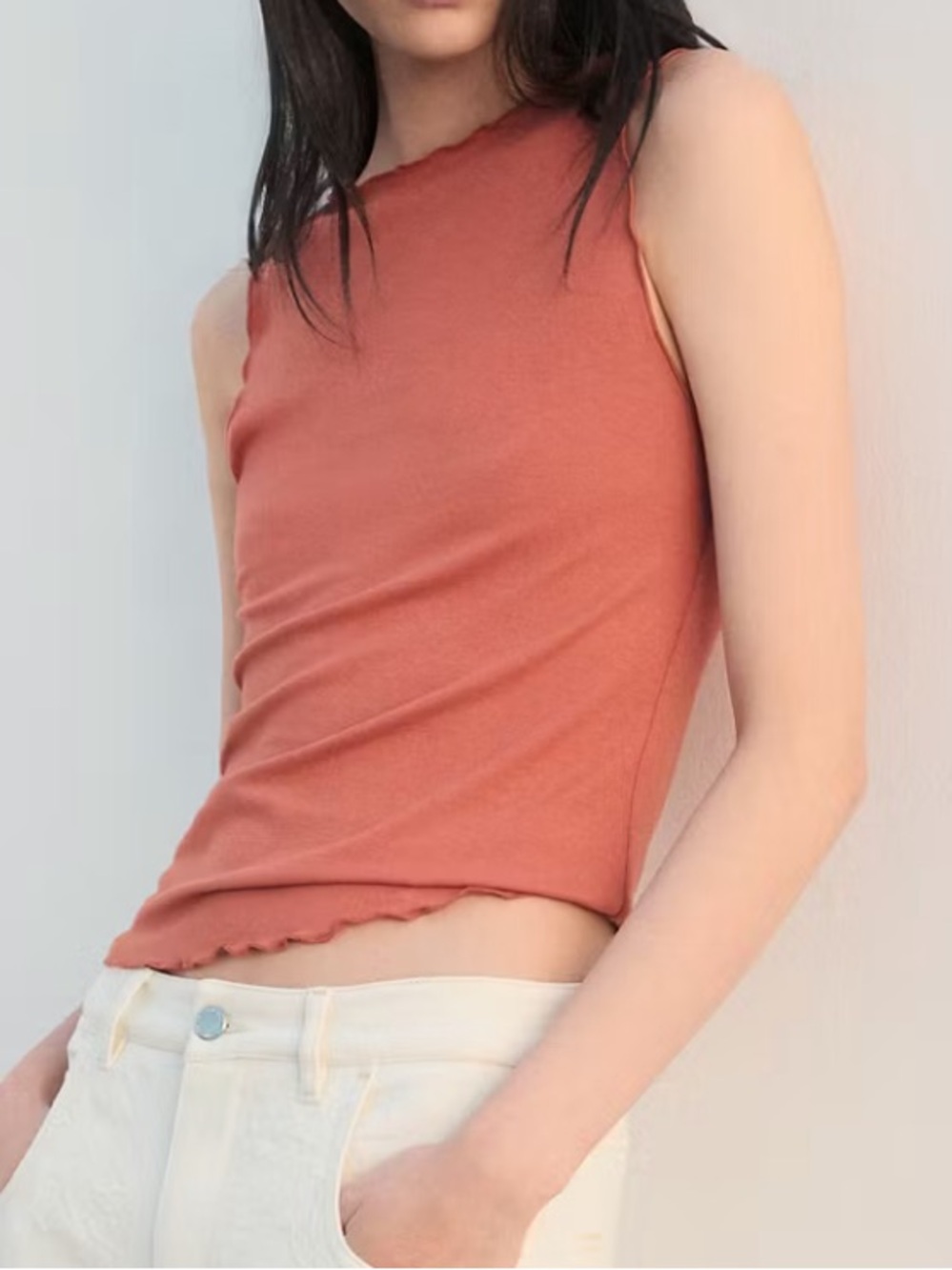 Mango Rust Scallop-Edge Sleeveless Tank SCALLOPED HEM TOP 4043